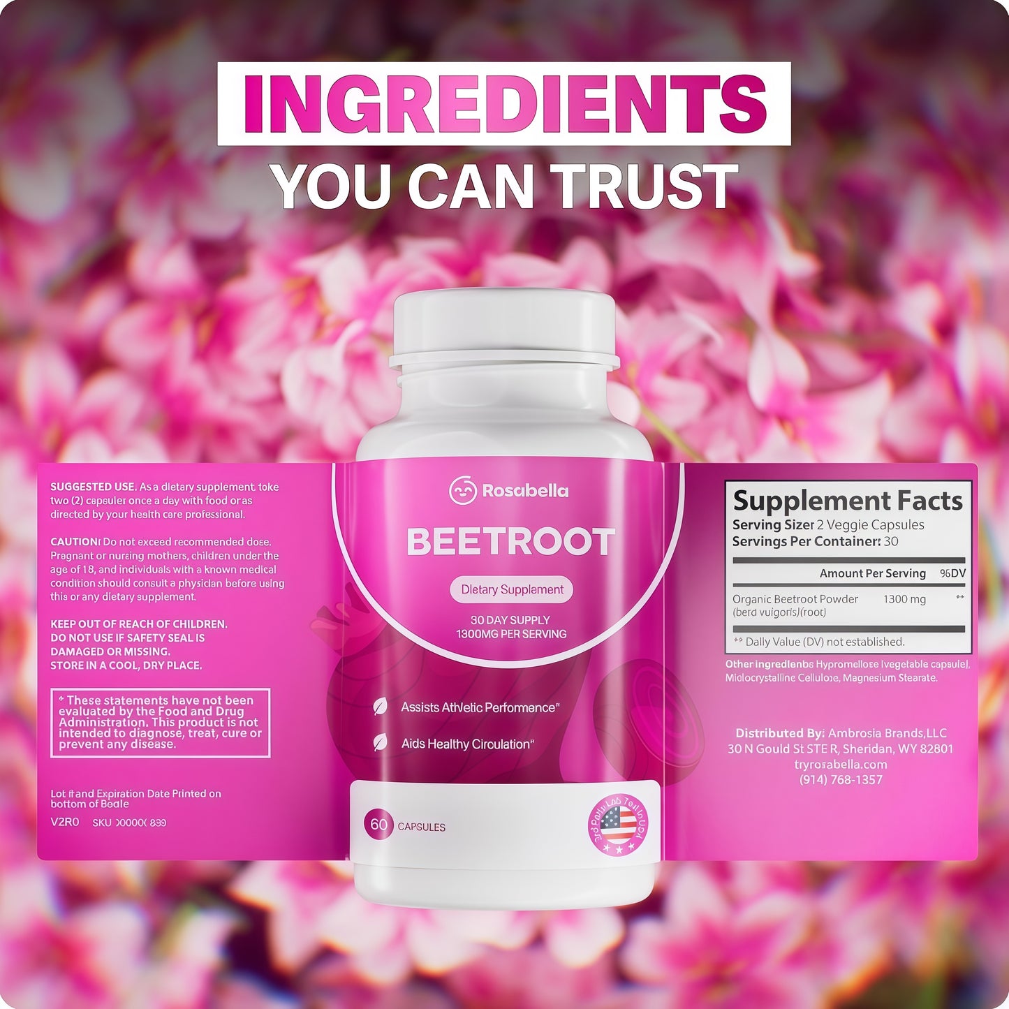 Rosabella Organic Beet Root Capsules - 1300mg Beet Root Powder Aids Healthy Circulation & Vitality, Non-GMO, Beet Root Supplement - 60 Capsules, 30-Day Supply
