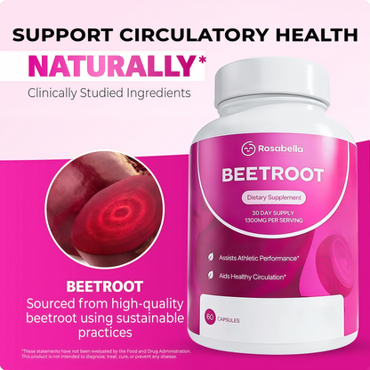 Rosabella Organic Beet Root Capsules - 1300mg Beet Root Powder Aids Healthy Circulation & Vitality, Non-GMO, Beet Root Supplement - 60 Capsules, 30-Day Supply