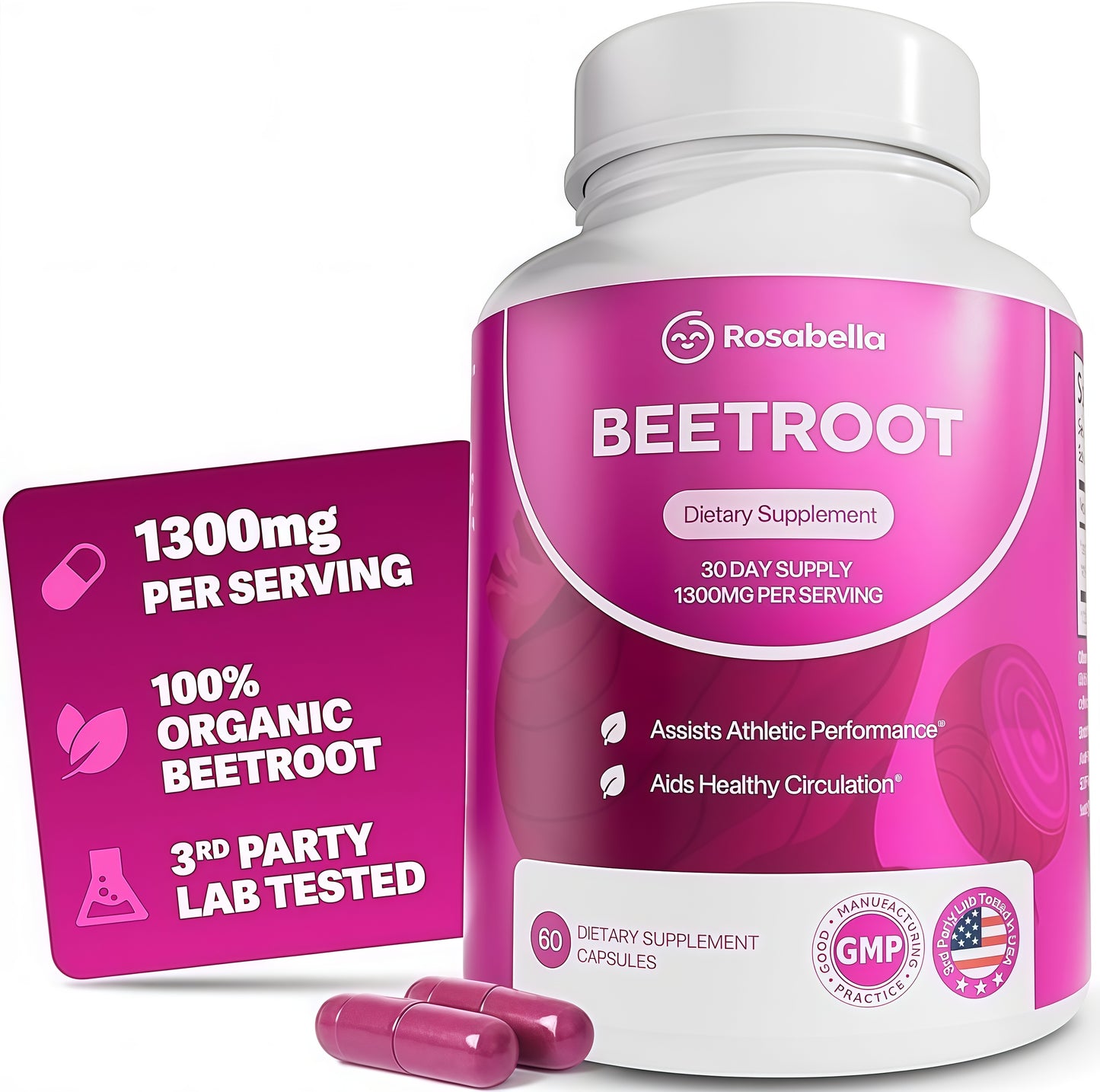 Rosabella Organic Beet Root Capsules - 1300mg Beet Root Powder Aids Healthy Circulation & Vitality, Non-GMO, Beet Root Supplement - 60 Capsules, 30-Day Supply