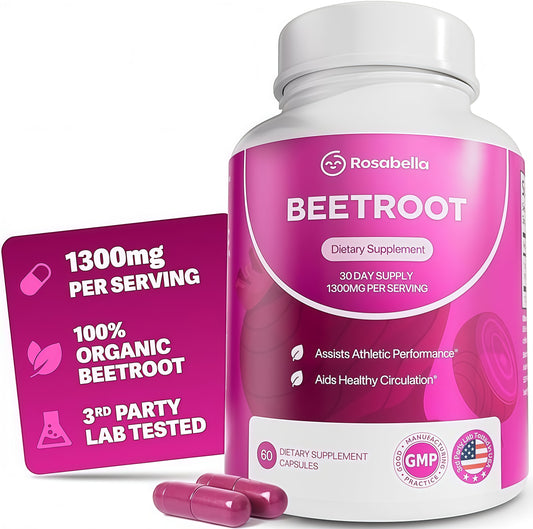 Rosabella Organic Beet Root Capsules - 1300mg Beet Root Powder Aids Healthy Circulation & Vitality, Non-GMO, Beet Root Supplement - 60 Capsules, 30-Day Supply