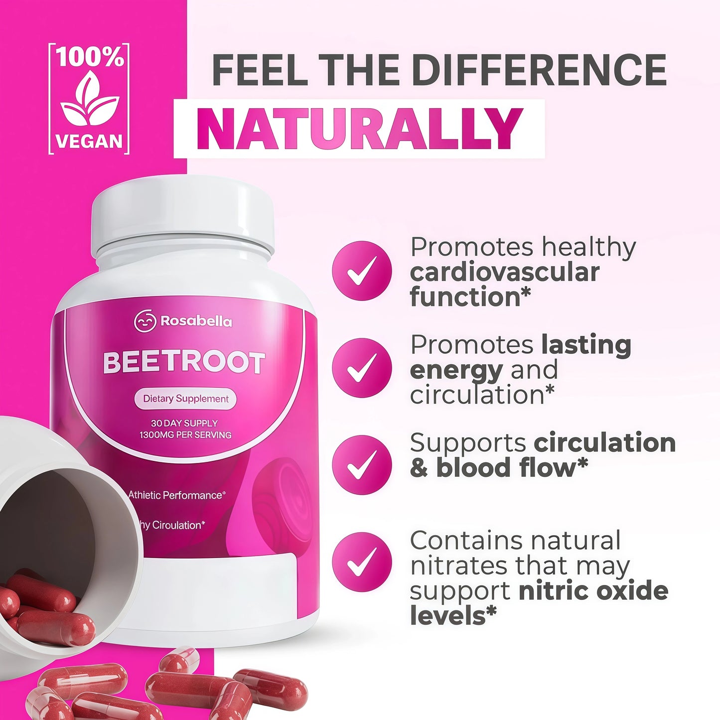Rosabella Organic Beet Root Capsules - 1300mg Beet Root Powder Aids Healthy Circulation & Vitality, Non-GMO, Beet Root Supplement - 60 Capsules, 30-Day Supply